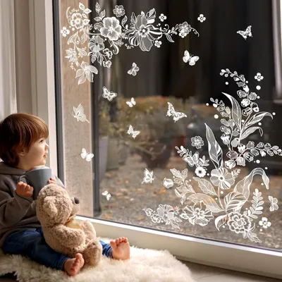 Immagine prodotto di Adesivi per finestre con fiori e farfalle - Decorazioni bianche