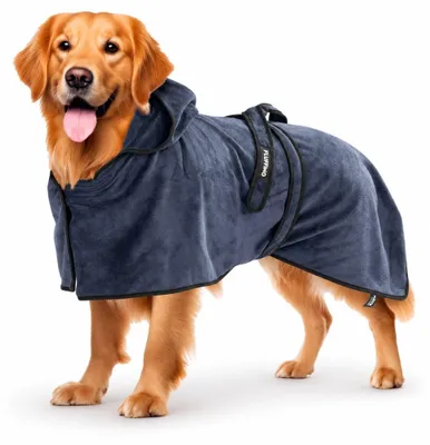 Produktbild von FLUFFINO Hundebademantel - Größe L - beige / blau Hundebademantel Trockencape Bademantel für Hunde Handtuch Mikrofaser - für Fellpflege nach dem Baden