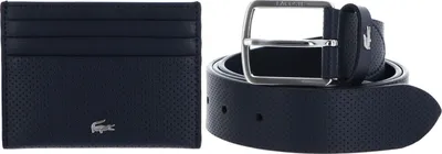 A navy blue cardholder and belt are displayed side-by-side against a white background.