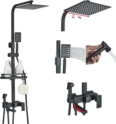 Produktbild von Duscharmatur Set, Edelstahl Handbrause, Warm-Kalt 3-Wege Mischventil, Schwarz 4-Wege 10 Zoll