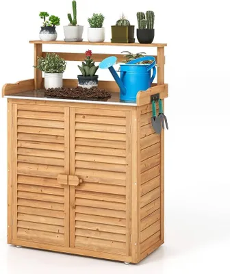 Imagen del producto de Mesa de cultivo con armario inferior, mesa de jardín para exteriores con espacio de almacenamiento