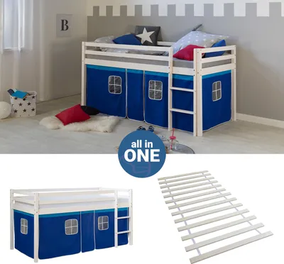Produktbild von Homestyle4u Hochbett 90x200 mit Lattenrost Vorhang blau Kinderbett Weiß Holz Kiefer Massiv Jugendbett