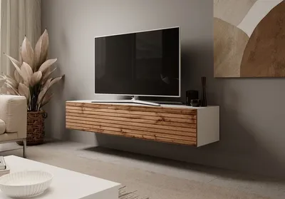 Produktbild von TV Schrank RTV 8 mit Lamellen Medienmöbel Lowboard (Weiss + Eiche Wotan Lamellen)