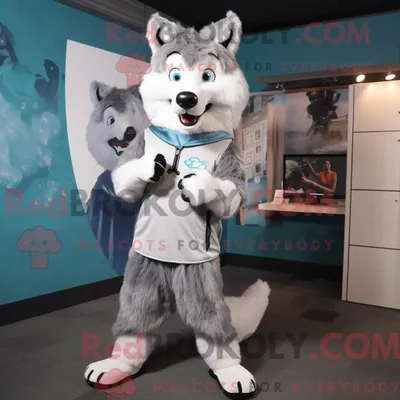 Produktbild von Maskottchenkostüm REDBROKOLY Silberwolf mit Strampler und Wickeltuch