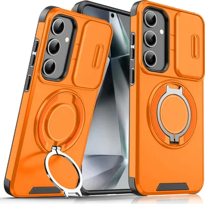 Obrázek produktu pro Dvouvrstvé pouzdro pro Samsung Galaxy S25 FE, s posuvným krytem fotoaparátu a magnetickým kroužkovým stojánkem Pomerančový