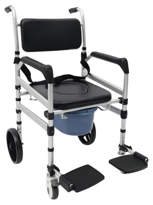 Produktbild von Dusch- und Toilettenstuhl - Klappbar mit Rollen - Höhenverstellbar von 46–51 cm, 3 Stufen - O-förmige gepolsterte Sitzfläche - Toilettenbehälter - Belastbarkeit 150 kg