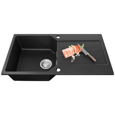 Produktbild von Granitspüle  86x45 cm Schwarz mit Abtropffläche, Anycee, Küchenspüle Einbauspüle mit Siphon, Hitzebeständig, Kratzfest, Pflegeleicht, Top-Mount