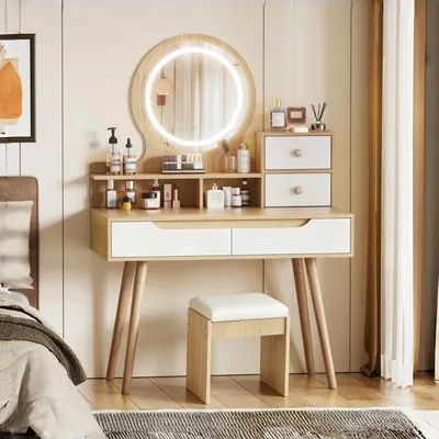 Zdjęcie produktu dla Toaletka z lustrem LED i stołkiem, 80 x 135 x 40 cm, toaletka z 2 szufladami i 2 szafkami, nowoczesny styl imitujący drewno, do sypialni