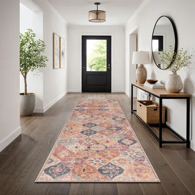 Produktbild von TT Home Boho Vintage Teppich Wohnzimmer Kurzflor – Retro Design, rutschfest & pflegeleicht, modern für Esszimmer & Flur Waschbar Größe 80x300 cm