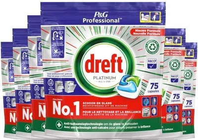 Zdjęcie produktu dla Dreft Platinum Plus All in One – Tabletki do zmywarki – 6 x 75 sztuk – Opakowanie ekonomiczne