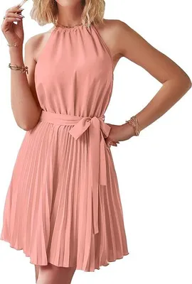 Produktbild von Damen Sommerkleider mit Neckholder, Ärmelloses Strandkleid mit Gürtel, Plissiert, A-Linie, Cocktailparty Minikleid