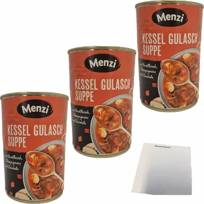Produktbild von Menzi Kessel Gulaschsuppe mit Rindfleisch 3er Pack (3x400ml Dose) + usy Block