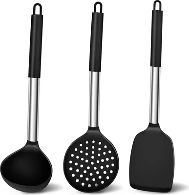 Produktbild von Küchenhelfer Set, 3 Stück Silikon Pfannenwender Küchenutensilien Set mit Edelstahlgriff, Hitzebeständiger Antihaft Schwarz Kochbesteck zum Kochen/Backen, Leicht zu Reinigen & Spülmaschinenfest
