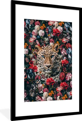 Produktbild von MuchoWow® Gerahmtes Poster Leopard - Blumen - Mantel 60x90 cm - Poster mit Schwarzem Bilderrahmen Wandposter Rahmen Foto Bilder - Dekoration - Wandposter Wohnzimmer - Hochwertig