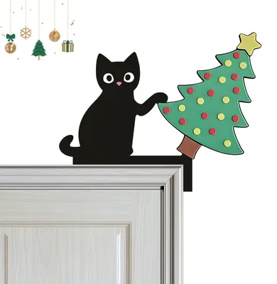 Weihnachtlicher Türrahmen aus Holz, Katze & Tannenbaum, 20x25 cm