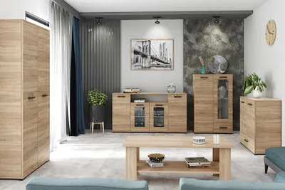 Produktbild von Wohnzimmer Set FINO I, Möbelset mit 3 Kommoden, Couchtisch und Kleiderschrank, Wohnwand Komplettset für Wohnzimmer und Esszimmer, braun, Eiche Sonoma