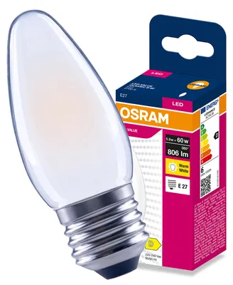 Obrázek produktu pro LED žárovka E27, značka Świeczka, model B35, 5,9 W (odpovídá 60 W), 806 lm, 4000 K (neutrální bílá), úhel svícení 300°, filamentová technologie, značka Osram, Obrázek vytvořený pomocí AI