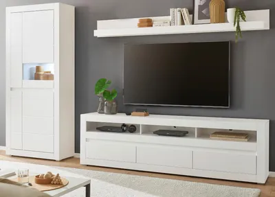 Produktbild von Wohnwand "Derby" in weiß matt und Evoke Eiche Wohnkombination 3-teilig, Soft-Close-Funktion und inklusive Beleuchtung