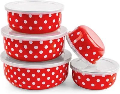 Imagen del producto de Juego de cuencos de esmalte, de 5 piezas, en diferentes tamaños (de 3,9 a 18 cm), con tapa, para la cocina