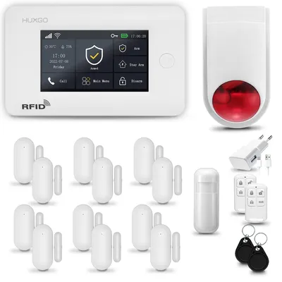 Produktbild von HUXGO HXA006 Alarmanlage Haus WiFi + GSM 4G mit Funk Sirene, Alarm System mit 1x Bewegungssensor und 12x Tür- Fenstersensor, für Wohnung, Haus
