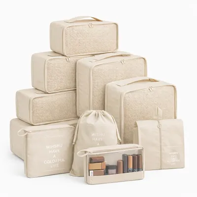 Immagine prodotto di set di 8 organizer per valigie beige con borsa per cosmetici e borse (set, 8 pezzi, 8x borse), pieghevoli / stivabili / idrorepellenti