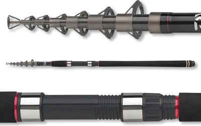Three views of a telescopic fishing rod, showing the tip, the full rod, and the handle.