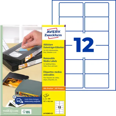 Produktbild von Avery Zweckform L4742REV-25, Etiketten für VHS-Videokassetten, A4, 78,7 x 46,6 mm, 300 Etiketten / 25 Bögen, weiß