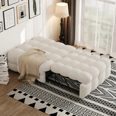 Productafbeelding van Slaapbank 183x76x72 cm, uitschuifbaar, 2-in-1 voetenbank/bed met Bouclé-bekleding in beige, bekleed eenpersoonsbed voor woonkamer en slaapkamer