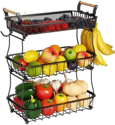 Produktbild von Drei-Schicht-Fruchtkorb - Ideal für Lagerung - Schwarz - Metallgitter für Obst und Gemüse - Küchenorganizer