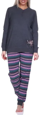 Produktbild von Damen Frottee Pyjama Hose gestreift - süsses Tiermotiv Faultier Katze - auch in Übergröße ; anthrazit-melange , 44