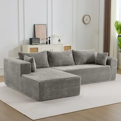 Image de Canapé d'angle avec une chaise longue confortable, canapé en forme de L sans supports centraux, avec une assise profonde, idéal pour les salons et les chambres, en velours, couleur gris