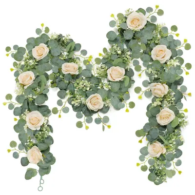 Produktbild von Künstliche Blumengirlande Champagner Eukalyptus 2 Stück 180 cm Rosengirlande Seidenblumen Deko