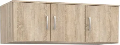 A three-door cabinet with a wood grain finish and silver handles.