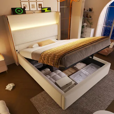 A bedroom scene with a bed that has storage underneath, and a window overlooking a city at night.