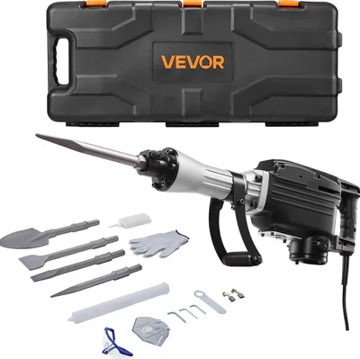 Image de Marteau piqueur électrique VEVOR 2800 W, marteau pneumatique 1200 BPM avec 3 burins, une pelle à argile, des gants et des lunettes de protection, pour murs en béton, briques, carrelages, fondations, noir