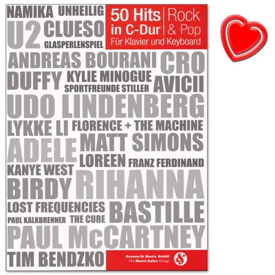 Produktbild von 50 Hits in C-Dur: Rock & Pop - Auswahl von weltbekannten Rock-und Pop-Songs in leichten C-Dur-Arrangements - Songbook mit bunter herzförmiger Notenklammer