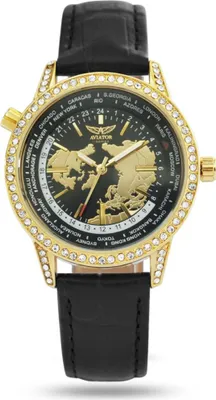 A close-up studio shot of a gold and black Aviator watch with a world map on the dial.