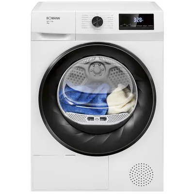A front view of a white Bomann heat pump dryer with a black door frame and a digital display.