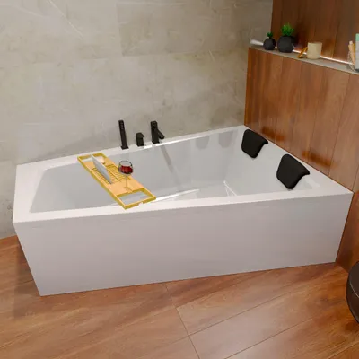 Produktbild von Badewanne Eckwanne Set 6in1 150x85 Rechts + Verkleidung (AcrylSchürze) + Bambus Holzablage + Kopfstütze in Schwarz | BADLAND INTIMA