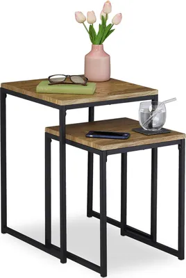 Immagine prodotto di Set di 2 tavolini - Tavolini di design industriale - Mimiset - Due misure - Quadrato - Metallo - Colore legno/nero