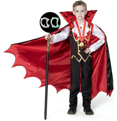 Productafbeelding van Vampierkostuum voor kinderen, jongens, rood, maat medium (8-10 jaar), 5-delig, 100% polyester