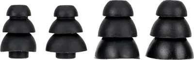 Four black ear tips for headphones, arranged in two pairs of different sizes.