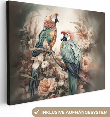 Produktbild von MuchoWow® - Leinwandbilder - Papageien - Vögel - Natur - Blumen, Wandbild, Wanddeko Bilder Wohnzimmer, 120x90 cm