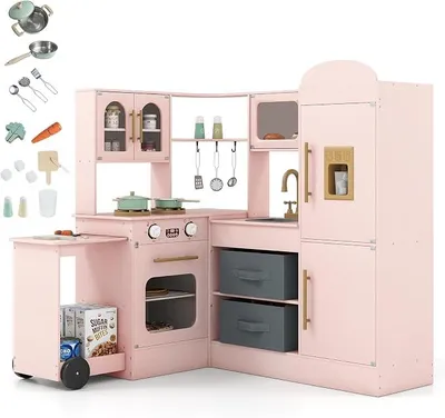 Imagen del producto de Cocina de juguete para niños, de madera, con luces y sonido, cocina de muñecas de esquina con carrito extraíble, cestas de tela, fregadero, estufa, nevera, horno y accesorios. Juguete para niños a partir de 3 años (rosa)