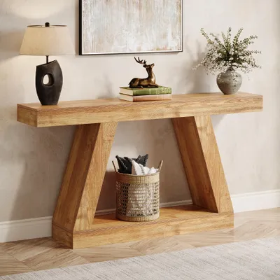 Produktbild von Tribesigns Farmhouse Konsolentisch, 140 cm rustikaler Sofatisch mit Stauraum, industrieller Eingangstisch aus Holz für Flur, Wohnzimmer, Naturbraun