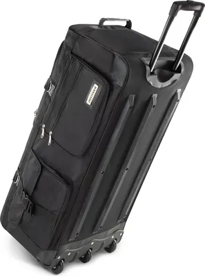 A black rolling suitcase is shown at an angle.