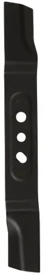 A black lawnmower blade is shown against a white background.