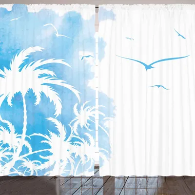 Produktbild von ARANDE Exotisch Gardine, Insel-Palme-abstrakter Entwurf mit Vogel-Aquarell-Hintergrund-Grafik, 280 x 225 cm, Himmelblau und Weiß