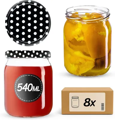 Image de KADAX Pots à conserves avec couvercle "Senna", Pots à confiture, Pots à confiture, 540 ml, noir à pois, 8 pièces