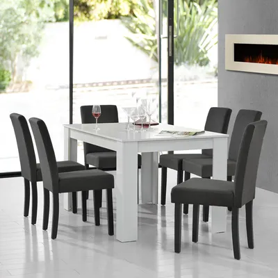 Produktbild von [en.casa] Esstisch (weiß) mit 6 Esszimmerstühlen in dunkelgrau - 140x90cm